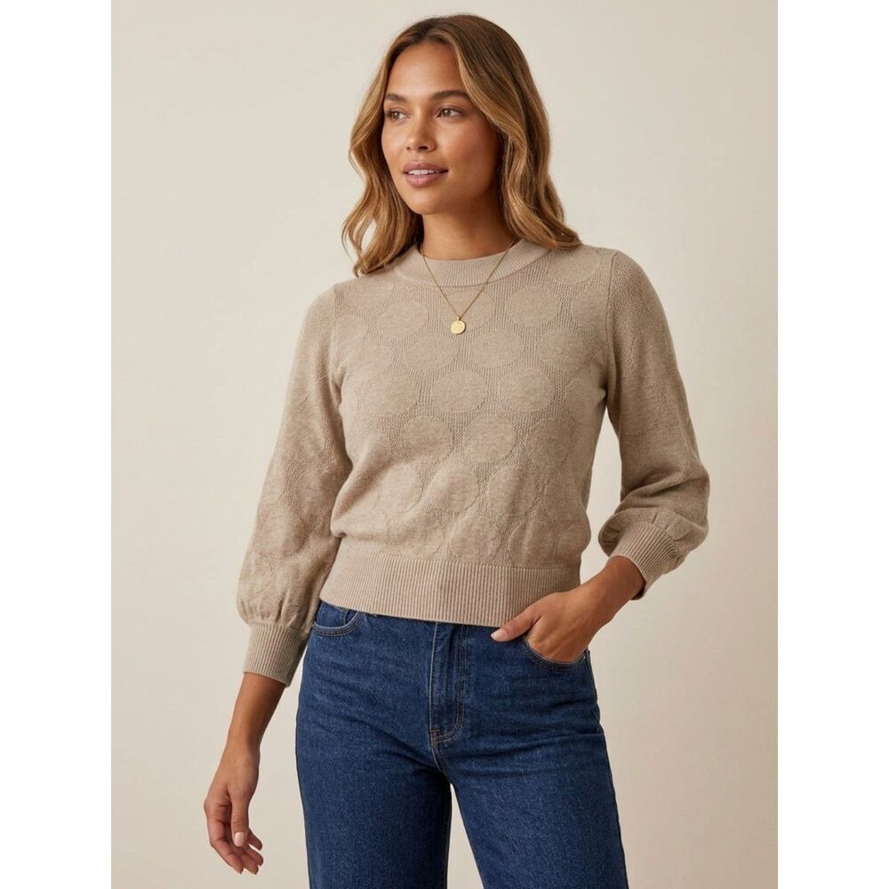 Akris Punto Tan Beige Polka Dot Wool Knit Crewneck Balloon Sleeve Sweater Size 4